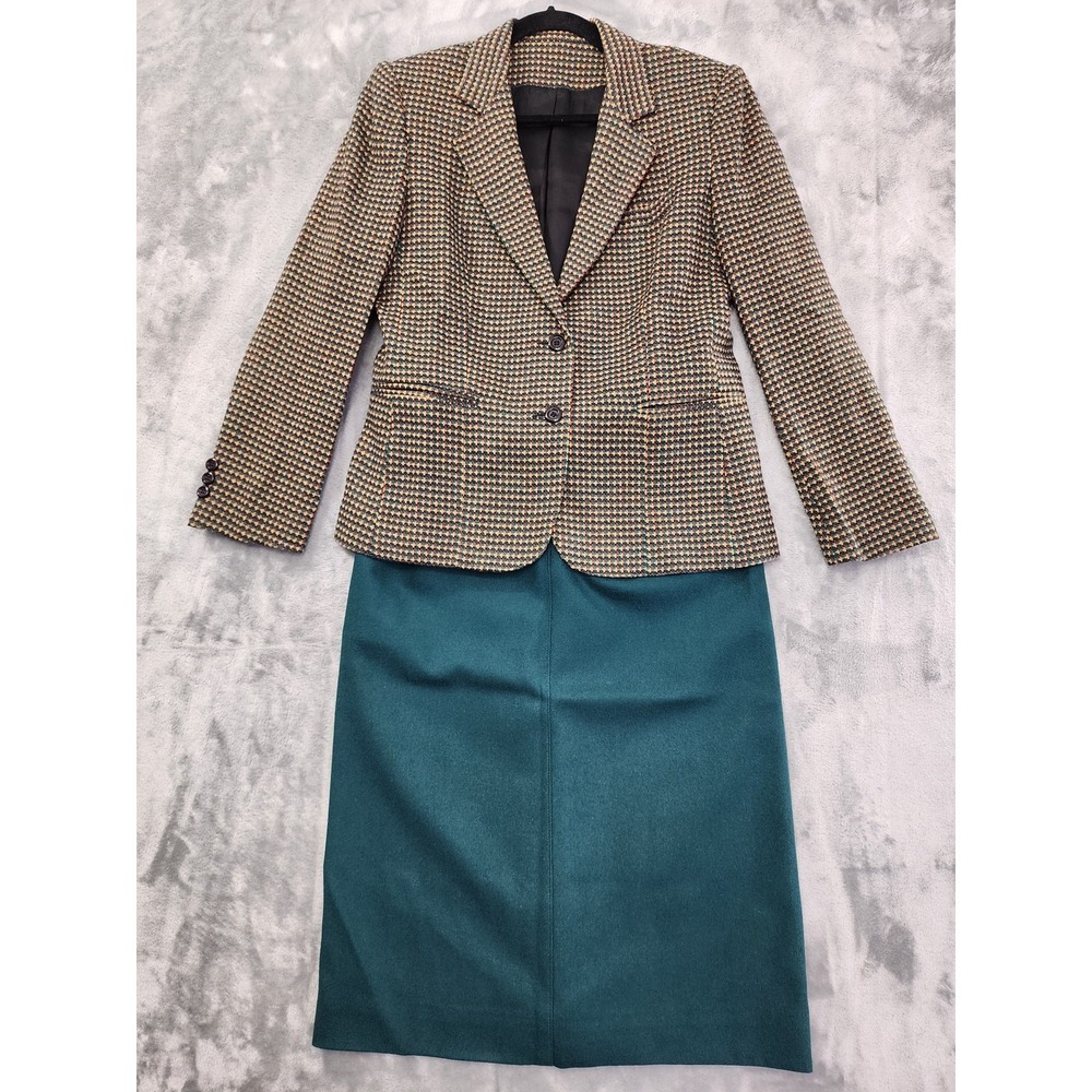 Vintage Park Square‎ Skirt Suit Womens S Green Wool Blazer Belted Colorful 70s